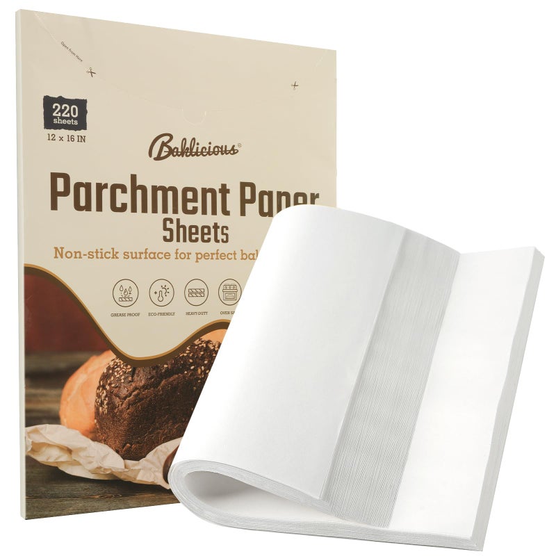 BAKLICIOUS 220 Pcs Unbleached Parchment Paper Baking Sheets, Baklicious Pre-cut Heavy Duty Parchment Baking Paper for Air Fryer, Oven, Bakeware, Steaming, Cooking Bread, CupCake, Cookies - Image 1
